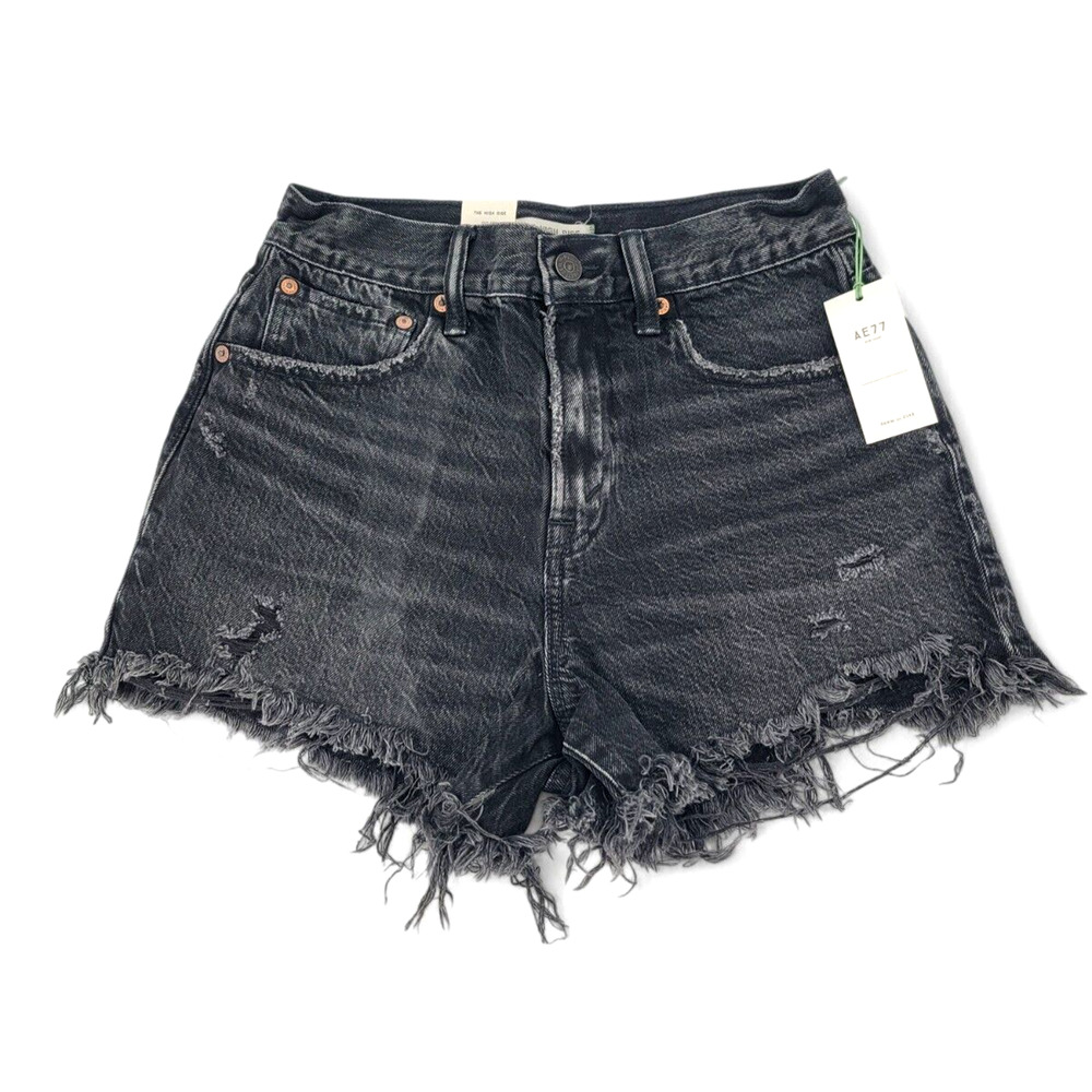AE77 Women 26 Denim Shorts High Rise Cut Off Organic Cotton Black Distressed NWT